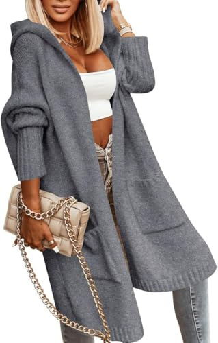 Tongmingyun Cardigan da donna lungo con cappuccio, invernale a maglia grossa, casual, grigio scuro, L