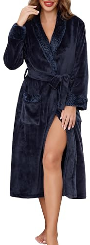 Lovasy Vestaglia Lunga Donna in Pile Accappatoio Invernale Flanella Calda con Cintura e Tasca Morbido e Soffice Vestaglie da Camera per doccia, spa, casa,A-Blu navy,XL
