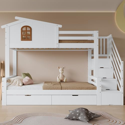YuQozii Lettino a castello, letto per bambini, due cassetti con ruote, squisita bella finestra, cabinet angolare, rete a doghe in legno di pino + MDF + compensato, bianco e naturale, 90 x 200 cm