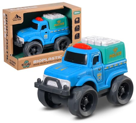 Cicili Klein LKW Spielzeug, Blau Polizeiauto Spielzeug für Kinder | 11 cm Spielzeugautos aus Weizenstroh‑Kunststoff, BPA-Frei, Geburtstage Geschenk für Junge und Mädchen, ab 18 Monaten