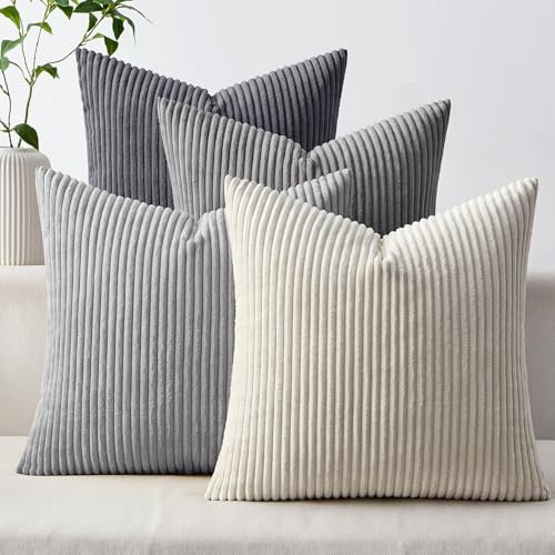 Woaboy 4er Set Kissenbezug 40x40 Kordsamt Sofakissen Dunkelgraue Töne | Kissenbezüge Weiche Gestreiftes Sofakissen Dekokissen Zierkissenbezug für Wohnzimmer Bett Couch