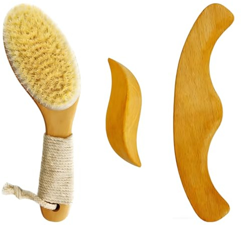 Kronabelle Trockenbürsten Körperbürste, 3-teiliges Holzmassagewerkzeug-Set, Holztherapie für Lymphdrainage, Massage-Set, Peeling, Rückenschrubber, Naturborsten