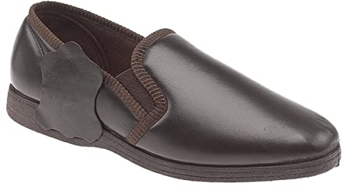 Sleepers Mens Hadley Slip On Gusset Genuine Leather Slippers with Rubber Sole Dark Brown