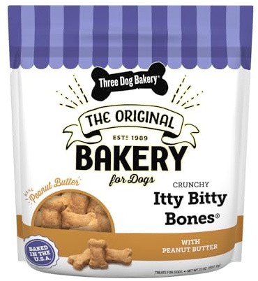 Three Dog Bakery Itty Bitty Bones Peanut Butter Dog Treats, 32oz - Crunchy Bones for Dog Training Treats, Real Peanut Butter Puppy Training Treats, Dog Bakery Treats