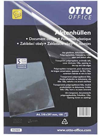 Sichthüllen transparente, dokumentenechte PP-Folie 120µm, 100 Stück für DIN A4, oben und seitlich offen