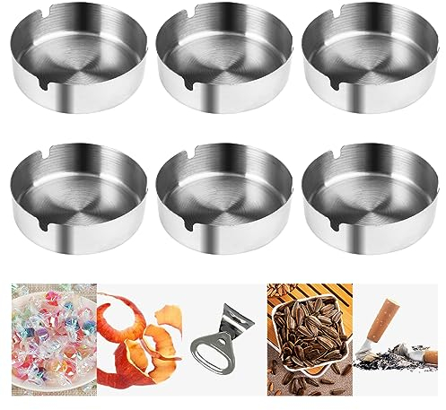 6 Pcs 10 cm Ashtray Aschenbecher Metall Silber Runder Edelstahl Hohes Volumen Groß Set für Balkon,Restaurants,Home,Office