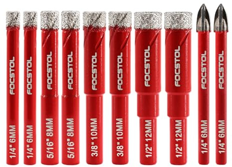 FOCSTOL Set Punte Trapano Diamantate - Sega a Tazza Diamantata+Trapano Carburo con Gambo Rotondo per Porcellanato Ceramica Marmo Granito 10 pezzi (6mm*2+8mm*2+10mm*2+12mm*2+6mm*2)