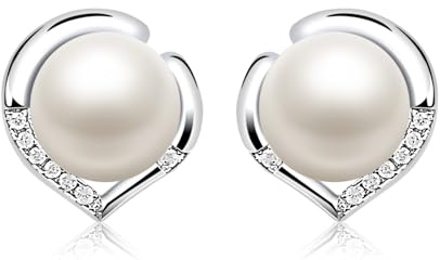 Jewlldeen Pearl Earrings Studs for Women, White Shell Pearl Earrings, 925 Sterling Silver Studs ''LOVE HEART'‘