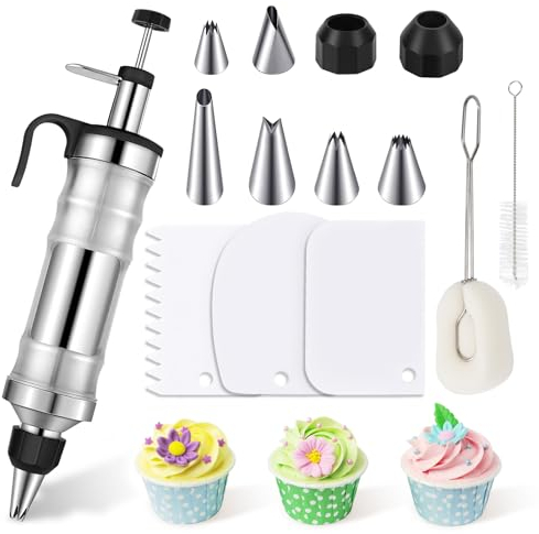 HYEIOL Siringa per guarnire, in acciaio inox, set da 14 pezzi, 400 ml, riutilizzabile, professionale con 6 beccucci per cupcake, decorazione torte, BHQ926