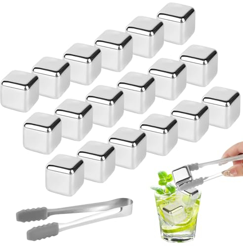 VFANDV Pierres à Whisky, 16 Pièces Glaçons en Acier Inoxydable Réutilisables, Glaçons Congelés en Acier Inoxydable avec Clip de Glace en Silicone, Glacon Whiskey Pour Vin, Jus de Boisson ou Limonade