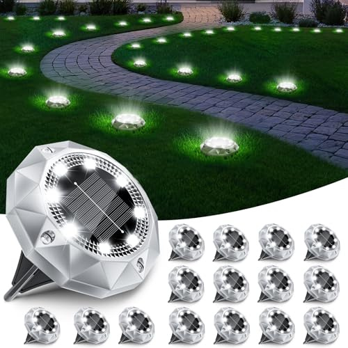 16 Pezzi Luci Solari da Giardino, 8 LED Faretti Sepolta Solari a Led da Esterno IP65 Impermeabile, Luci Solare Decorazione Lampade Solare da Terra per Cortile Prato Vialetto Paesaggio,Bianco Freddo