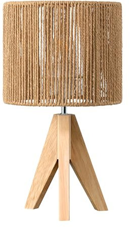 EDISHINE Small Rattan Table Lamp, Rustic Wood Tripod Bedside Lamp, Striated Paper Lampshade, Boho Desk Lamp for Living Room, Bedroom, Office, LED Bulb Included, E27 Base