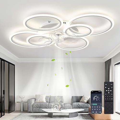 Takfläkt, 85 W takfläkt, 100 cm dimbar LED-ljuskrona, takfläkt med 6-växlad lampa med ljus, lämplig för sovrum, vardagsrum, vit