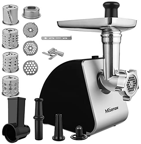 Picadora de carne eléctrica de 2000 W, procesador de alimentos multifunción, cortador de verduras y embutidora con 3 discos perforados, 4 cuchillas cónicas, embutidora y accesorio para repostería