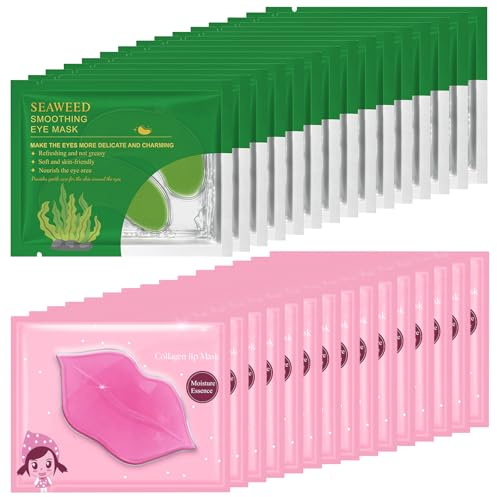 Felico 30PCS Lip Mask Under Eye Masks Patches, Crystal Collagen Hydrating Moisturizing Smoothing Lips Gel Pads for Puffy Eyes Bags,Dark Circles,Puffiness,Fine Lines,Wrinkles,Anti-Aging Seaweed