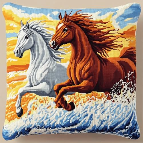 AMBATTERY 11CT Kit Punto Croce da Ricamare, cavallo animale Cuscino Punto Croce Prestampato 45x45cm, Kit Per Ricamare Federa, Cuscino Ricamato a Mano per Principianti