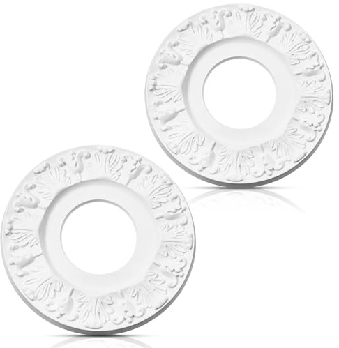 PercyEffie 2 Pcs Ceiling Medallion Molded Vintage White Carved Flower PU Medallions for Light Fixtures and Ceiling Fans Decorative Victorian Floral Design