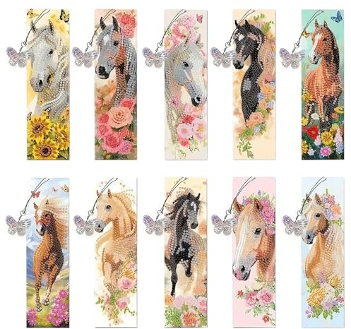 Lot de 10 Peintures Diamant de Marque-Pages pour Filles de 6, 7, 8, 9, 10, 11, 12 ans, Marque Page Diamond Painting de Cheval, Cadeau de Noël pour Fille, Bricolage, Calendrier de l'Avent