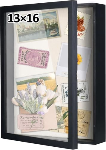 13 x 16 Inch Shadow Box Frame, Large Shadow Boxes Display Cases, Deep Picture Flower Frames, Black Memorial Shadow Box with Linen Back & Push Pins for Wall, Tabletop