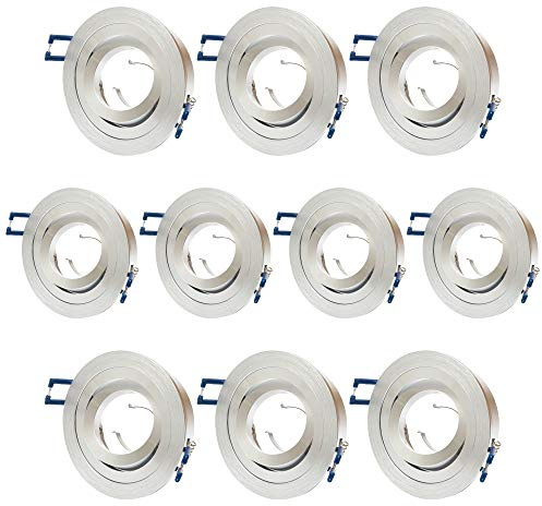 10 x ALU installationsstrålkastare GU10 set – 10 stycken aluminium installationsram rund i silver borstad optik inkl. GU10-fattning för LED eller halogen lampor, 30° svängbar, rund, 230 V