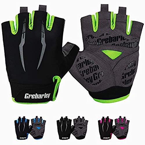 Grebarley Fahrradhandschuhe,Radsporthandschuhe rutschfeste und Stoßdämpfende Mountainbike Handschuhe mit geeiget Unisex Herren Damen (Grün, L)