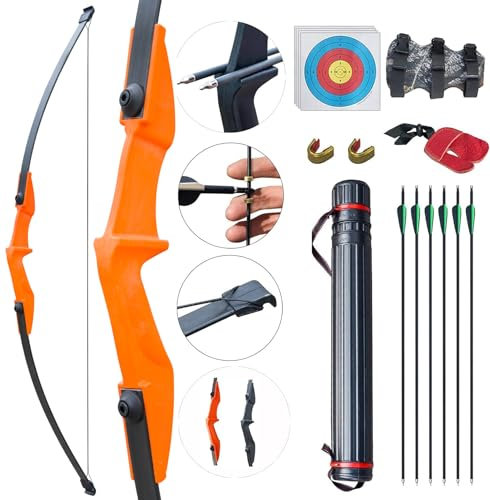 D&Q Recurve Bogen und Pfeil Set 30lbs 40lbs Erwachsene Bogenschießen Langbogen Kit Jagdbogen für Links- und Rechtshänder Anfänger（Orange,30lbs）