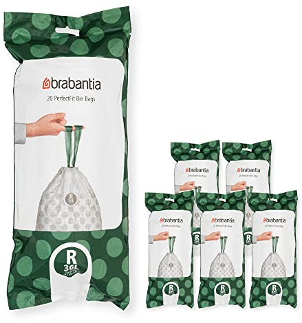 Brabantia 138584 PerfectFit Bin Liners Multipack (Size R/36 Litre) Thick Plastic Trash Bags with Tie Tape Drawstring Handles (120 Bags), White