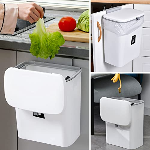 Petite poubelle à suspendre avec couvercle pour comptoir ou sous l'évier, poubelle à compost de cuisine de 8 litres pour placard/salle de bain/chambre/bureau/camping, corbeille à déchets (blanc)