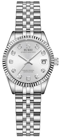 BUREI 30MM Mode Damen Uhr Silber Edelstahl Armbanduhren Analog Quarz Uhren mit Kalender