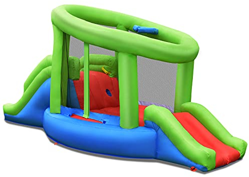 COSTWAY Aufblasbare Schnecke Hüpfburg mit 2 Rutschen & Basketballkorb, Springburg Bouncer Hüpfburgschloss 410 x 190 x 197 cm (ohne Gebläse)