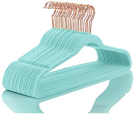 MIZGI Hochwertige Samt-Kleiderbügel (60 Stück), strapazierfähig, rutschfeste Filzbügel, Aquablau, roségoldene Haken, platzsparende Kleiderbügel, langlebig, starke Kleiderbügel für Anzüge, Mäntel