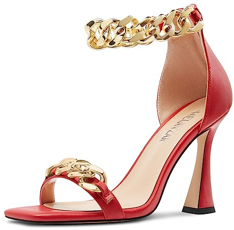 HEUIVZAR Femmes Haut High Kitten Talon Heel Carré Bout Sandales Lanières Cheville Fermeture à Glissière Chaîne Métal Mariage Dress 10 CM Heels Rouge 38 EU