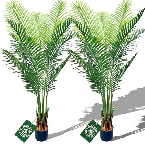 QAOUIEP 5ft Artificial Areca Palm Plant Fake Palm Tree with 17 Trunks Pre-Potted Artificial Plant with Realistic Moss for Home Office Faux Tree for Indoor Outdoor (5 Feet-2 Pack)