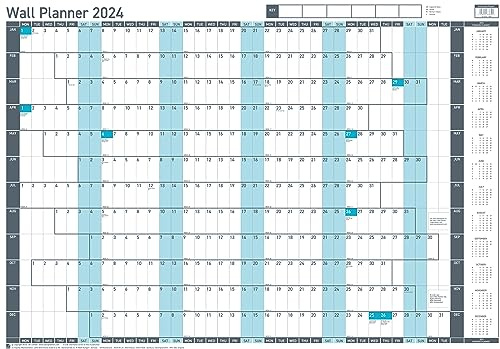Sasco 2410237 Ensemble de planificateur mural annuel 2024, calendrier mural effaçable à sec, grand planificateur mural, tableau mural de style affiche, bleu, 915 x 610 mm