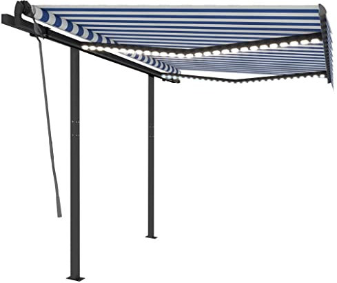 WIFESE Auvent à bras articulés rétractable avec LED 3,5 x 2,5 m - Bleu et blanc - Pour balcon, extérieur, terrasse, terrasse, balcon - Protection solaire - Pour terrasse, balcon, cours