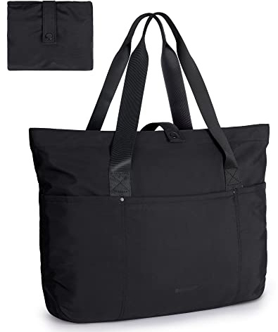 bagsmart Tote Bag for Women, Large Foldable Tote Bag, Handbags & Shoulder Bags with Zipper for Travel, Beach, Gym, Work, School-16.5''L x 6''W x 14''H