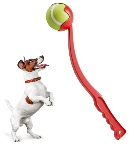 BILISH Dog Ball Thrower Launcher Squeaky Tennis Balls For Dogs Portable Small Chase Fetch Game Toy Dog Stuff Pick Up & Throw Play Chucker For Pet Exercise (Red)