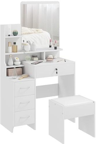 HOMCOM Ensemble de Coiffeuse Table de Maquillage avec Tabouret rembourré Grand Miroir + Plusieurs étagères Ouvertes + 4 tiroirs Blanc