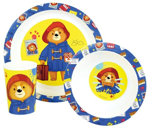 Fun House | Paddington Children's Dining Set | Plate Ø22 Cm Bowl Ø16 Cm Glass 220 Ml | Official License | Reusable Dishwasher Washable Tableware | 3 Piece Baby Set | Child Gift