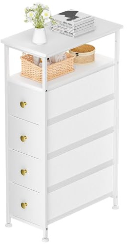 YILQQPER Narrow Dresser for Bedroom, Slim Dresser Storage Tower, Chest of 4 Fabric Drawers with Wood Shelf, Bathroom Organizers and Storage for Small Spaces, Laundry, Closet, White