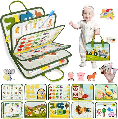 Almaxi Busy Board tyska Montessori från 2 3 år, 10 i 1 Montessori leksak aktivitetsbräda motorikleksak och pedagogisk leksak för 2 3 4 5 år, bondgård busy Book småbarn leksak för långa turer