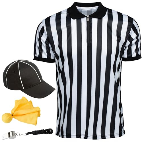 Murray Sporting Goods Men's Collared Referee Shirt 4-Piece Bundle - Referee Shirt, Hat, Flag, & Whistle Halloween Costume (Medium)