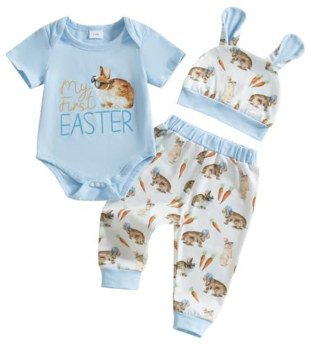 Nicoxijia Newborn Baby Boy Bunny Easter Outfit Carrot Print Short Sleeve Romper Long Pants Hat Infant My First Easter Clothes (Sky Blue, 0-3 Months)