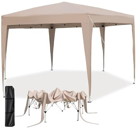 HOMASIS 4x3,5 M Carpa Plegable Impermeable, Pop-up Cenador de Jardín Exterior, Altura Ajustable (3 Niveles), Pabellón para Camping, Fiesta con Bolsa de Transporte, Caqui