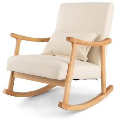 GIANTEX Silla Mecedora Tapizada con Marco de Madera de Caucho, Respaldo Ergonómico y Asiento Acolchado, con Cojín Lumbar, Sillón Mecedora Individual para Salón, Dormitorio (Beige)
