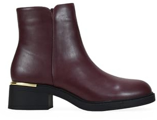 BOSANOVA Botines de caña Baja para Mujer en Piel Vegana con Suela Plana y Ligero tacón con Detalle metálico. Cierre con Cremallera Interior. Calzado para Mujer Burdeos 39
