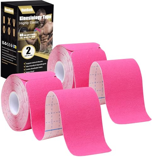 Kinesiology Tape Precut 2 Rolls Kinetic Tape, Elastic K Tape 40 Count 10 Precut Strips, Muscle Tape for Knees, Joint Support & Sports Injury - Pink