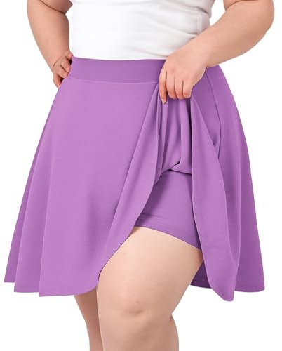 LEACOOLKEY Taglie Forti Gonna Skater Donna Corta Minigonna Tennis, Vita Alta A Line Elastica con Pieghe e Shorts Integrato,Viola,2XL (Taglie Forti)