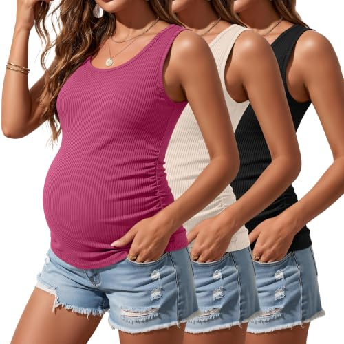 Riyiper Confezione da 3 Canotte Premaman da Donna, Senza Maniche, in Cotone, con Lati in Maglia a Coste e Arricciate(Nero, Rosso Rosa, Albicocca,S)