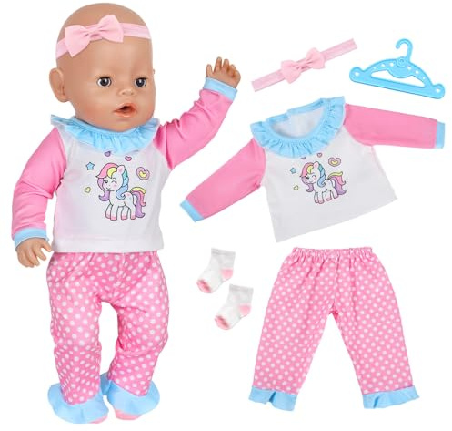 5 Pcs Baby Doll Clothes for 14-18 Inch Newborn Baby Dolls, Pink Blue Pony Doll Outfits Nightgown with Sleepwear Top Pants Socks Headbands Hanger for 35-45 cm Doll, Cute Doll Accessories Girls Gift